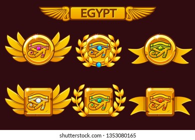 Egypt Eye with colored precious gems. Receiving achievement, vector templates Egyptian Awards. Icons on separate layers.