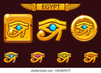 Egypt Eye of Horus with colored precious gems, golden icon on coin and square.