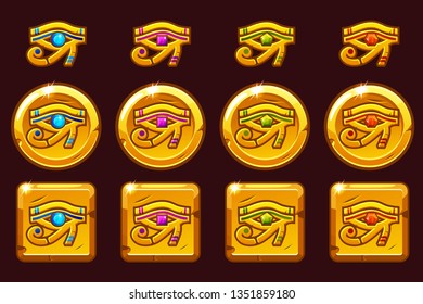 Egypt Eye of Horus with colored precious gems. Egyptian golden icons in different versions