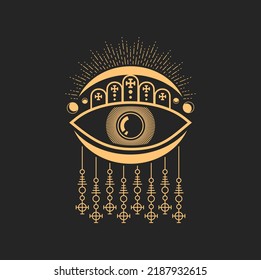 Egypt Eye Occult Sign, Egyptian Cross, Moon Isolated Mason And Magic Tarot Sign. Vector Mystery Esoteric Symbol, Tattoo Design Element