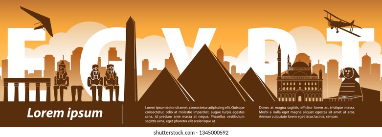 Egypt famous landmark silhouette style,text within,travel and tourism,orange and brown tone color theme,vector illustration