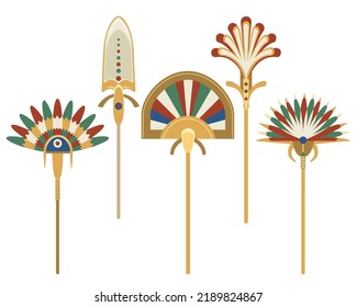 Fanático de plumas en Egipto. Hinchas de la corona egipcia con adornos antiguos, artesanía antigua colorida mayoritariamente para el diseño de cleopatra ilustraciones vectoriales aisladas