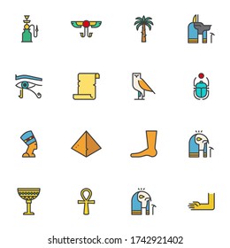 Egypt filled outline icons set, line vector symbol collection, linear colorful pictogram pack. Signs, logo illustration, Set includes icons as nefertiti eye, hookah, manuscript, pyramid, palm tree