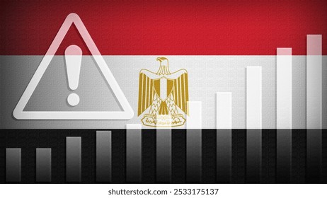 Egypt flag with burlap texture, warning sign, and rising bar chart symbolizing increasing risk or growth challenges in the country. Ideal for data presentations.