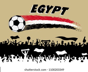 Egypt flag colors with soccer ball and Egyptian supporters silhouettes. All the objects, brush strokes and silhouettes are in different layers and the text types do not need any font. 