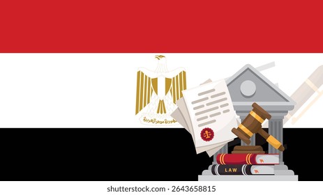 Egypt flag with judge gavel, corruption or injustice concept, public outrage in Egypt, international decision idea, law or legal result, civil court judgment, news banner