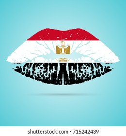 Egypt Flag Lipstick On The Lips Isolated On A White Background. Vector Illustration. Kiss Mark In Official Colors And Proportions. Independence Day