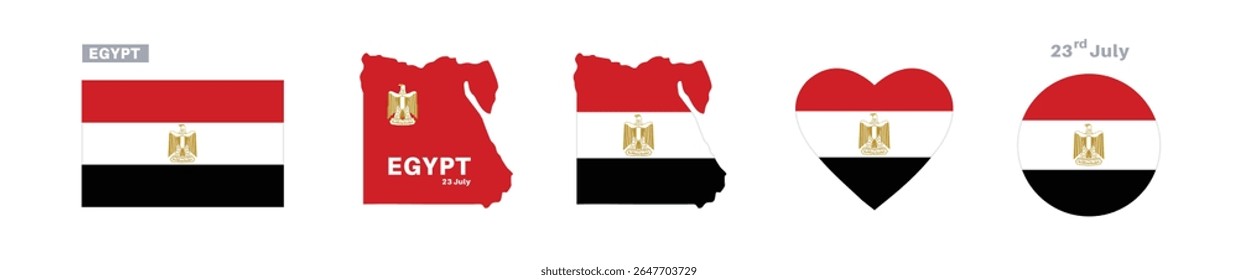 egypt flag and map set. egypt flag in official colors and proportions. independence day 23 july, map, circle and heart shaped egypt