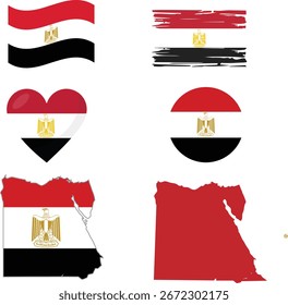 Ägypten-Flagge und Kartensatz. Ägypten Flagge in offiziellen Farben und Proportionen. Unabhängigkeitstag 23 Juli, Karte, Kreis und Herz geformt Ägypten.