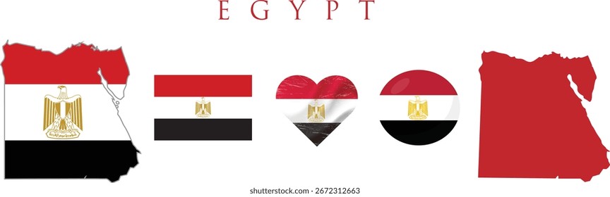 Ägypten-Flagge und Kartensatz. Ägypten Flagge in offiziellen Farben und Proportionen. Unabhängigkeitstag 23 Juli, Karte, Kreis und Herz geformt Ägypten.