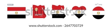 egypt flag and map set. egypt flag in official colors and proportions. independence day 23 july, map, circle and heart shaped egypt