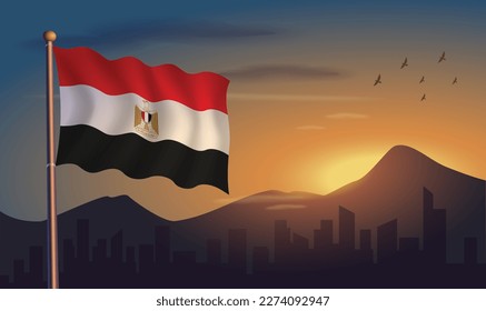 EGYPT flag with mountains and morning sun in the background