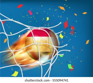 Egypt flag on football in fire ball design goes through the net with confetti. Concept of goal celebration in vector illustration