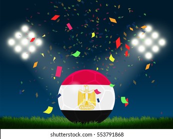 Egypt flag in soccer ball with confetti in stadium to celebrate for football match in night time with spot light backdrop, This design for sport template, banner in vector illustration