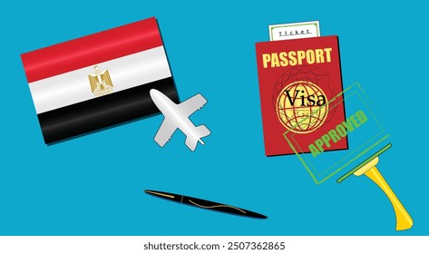 Egypt flag with white plane icon. Passport with visa approved stamp. Black stylish Pen. Egyption Travel poster. Editable vector EPS available