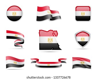 Egypt flags collection. Flags and outline of the country vector illustration set