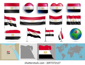 Egypt flags of various shapes and country map set. Realistic Egyptian waving flags, glossy buttons in patriotic colors, highly detailed map and globe with location pin vector illustration