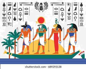 Egypt flat colorful poster with ancient egyptian gods in papyrus boat on hieroglyph background flat vector illustration