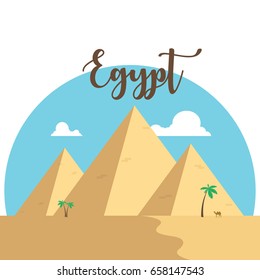 Egypt flat design pyramids. Desert famous ancient camel palms with lettering