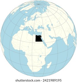 Egypt in focus on the orthographic projection of the world map, showcasing its historical and strategic significance in North Africa.