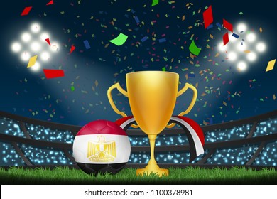 Egypt football with trophy cup and flag among crowd audience in soccer stadium in vector illustration. concept for football result template use in web or mobile phone application