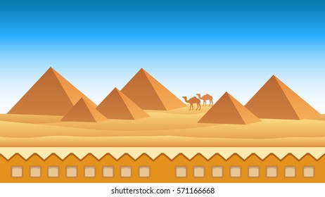 Egypt game background with desert camel and pyramids in it, seamless background with layers ready to be used in running, jumping, arcade and platform games