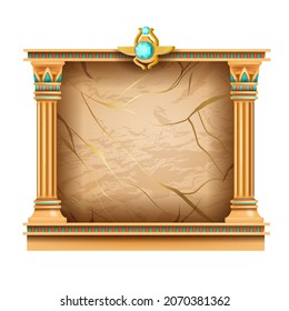 Egypt game frame vector illustration, ancient UI medieval background, cracked stone panel, scarab, column. User interface vintage mythology menu screen, old civilization ornament. Egypt game banner