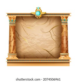 Egypt game frame vector illustration, cracked stone panel, ancient UI medieval column background, gold scarab. Old civilization ornament, interface vintage mythology menu screen. Egypt game banner