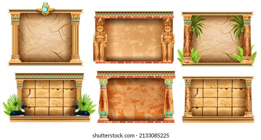 Egypt game frame vector set, stone ancient UI background kit, Egyptian clay pillar, pharaoh statue. Texture menu panel, old civilization architecture object, temple column. Egypt frame, Anubis
