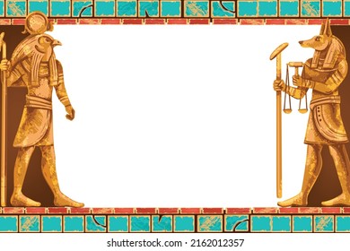 Egypt game frame, vector stone ancient Egyptian background, god temple statue, old brick tile border. Africa civilization tomb decor, archaeology interior illustration. Egypt rock frame, Anubis figure