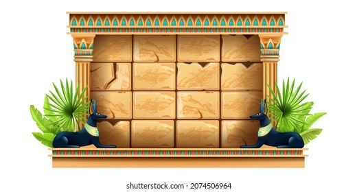Egypt game UI frame, vector stone panel screen, Anubis statue, palm leaf, user interface menu display. Egyptian cracked brick wall, ancient column, old civilization ornament. Boulder tile game frame