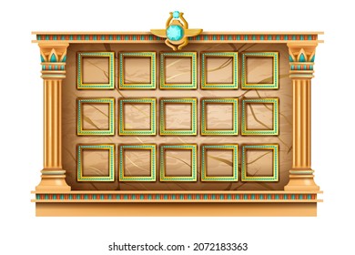 Egypt game user interface frame, ancient stone temple wall panel, UI level menu selector background. Old vintage column, gold scarab sign, cracked rock board, ancient civilization display. Game frame