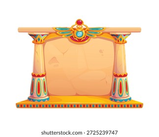 Egipto icono de Vector de juego. Bastidor de columnas del antiguo Egipto con dos pilares de piedra beige. Top decorado con alas de escarabajo, joyas, adorno geométrico. Juego de arcade, museo de historia, marco de la civilización antigua
