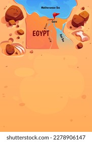 Egypt geographic map with Cairo, Nile, Red and Mediterranean sea, desert. Poster with Egyptian capital location mark, river, bones and copy space, vector cartoon illustration