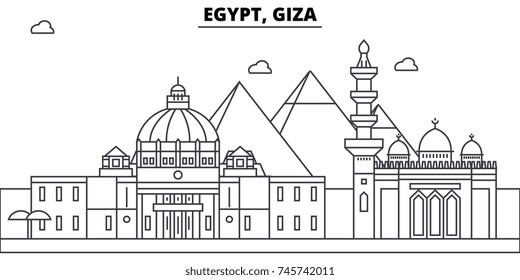 Egypt, Giza architecture skyline buildings, silhouette, outline landscape, landmarks. Editable strokes. Urban skyline illustration. Flat design vector, line concept