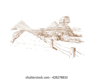 Egypt. Giza. Pyramids. Beautiful view. Hand drawn sketch, vector illustration