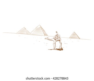 Egypt. Giza. Pyramids. Beautiful view. Hand drawn sketch, vector illustration