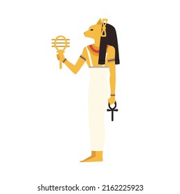 Egypt god Bastet character flat style, vector illustration isolated on white background. Ancient goddess of love with cat face, religious character with ankh in hand