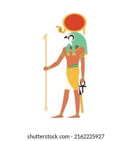 Egypt god Ra character with scepter and ankh flat style, vector illustration isolated on white background. Ancient falcon headed and human body god of sun, religious