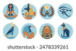 Egypt gods and mythological creatures icon set with spiritual symbols and creatures. Egyptian mythology circle icons in flat design.