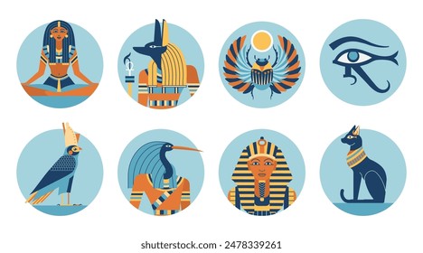 Egypt gods and mythological creatures icon set with spiritual symbols and creatures. Egyptian mythology circle icons in flat design.