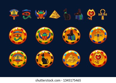 Egypt golden coins and set icons isolated. Collection of ancient Egypt icons - pyramid, scarab, cat, Sphinx, eye, wolf, pharaoh, ornament. Objects on a separate layer.