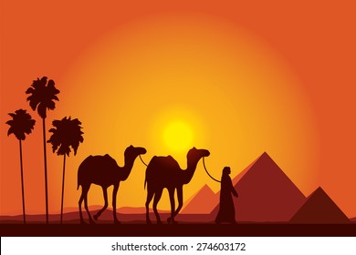 Egypt Great Pyramids with Camel caravan on sunset background vector illustration