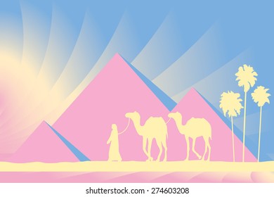 Egypt Great Pyramids with Camel caravan on sunset background vector illustration