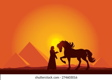 Egypt Great Pyramids with silhouette of Bedouin and horse on sunset background vector illustration