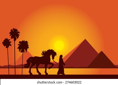 Egypt Great Pyramids with silhouette of Bedouin and horse on sunset background vector illustration