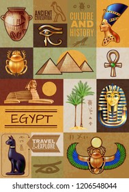 Egypt guide poster composed of ancient symbols historical landmarks and famous persons cartoon vector illustration
