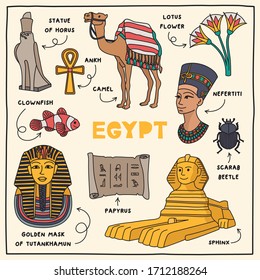 Egypt. Hand drawn illustration of different landmarks and symbols.