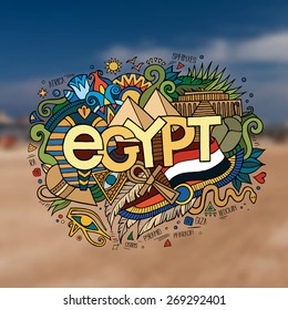 Egypt hand lettering and doodles elements background. Vector blurried illustration