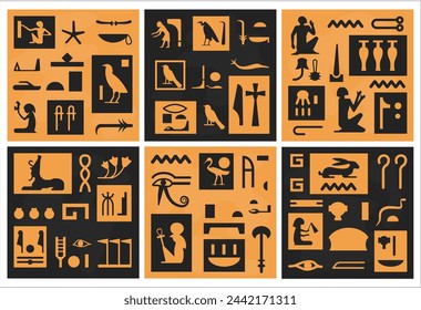 Decoración de jeroglíficos de Egipto en conjunto de patrones. Elementos históricos antiguos en la colección de fondo decorativo, ilustración vectorial. Jeroglífico de cultura tradicional en banner sin fisuras